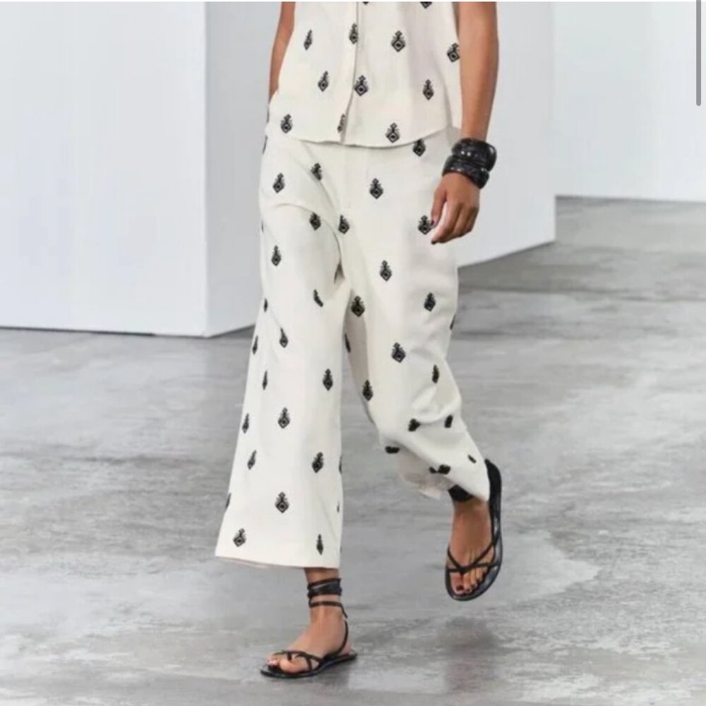 Zara Black and Cream Wide-Leg Jumpsuit